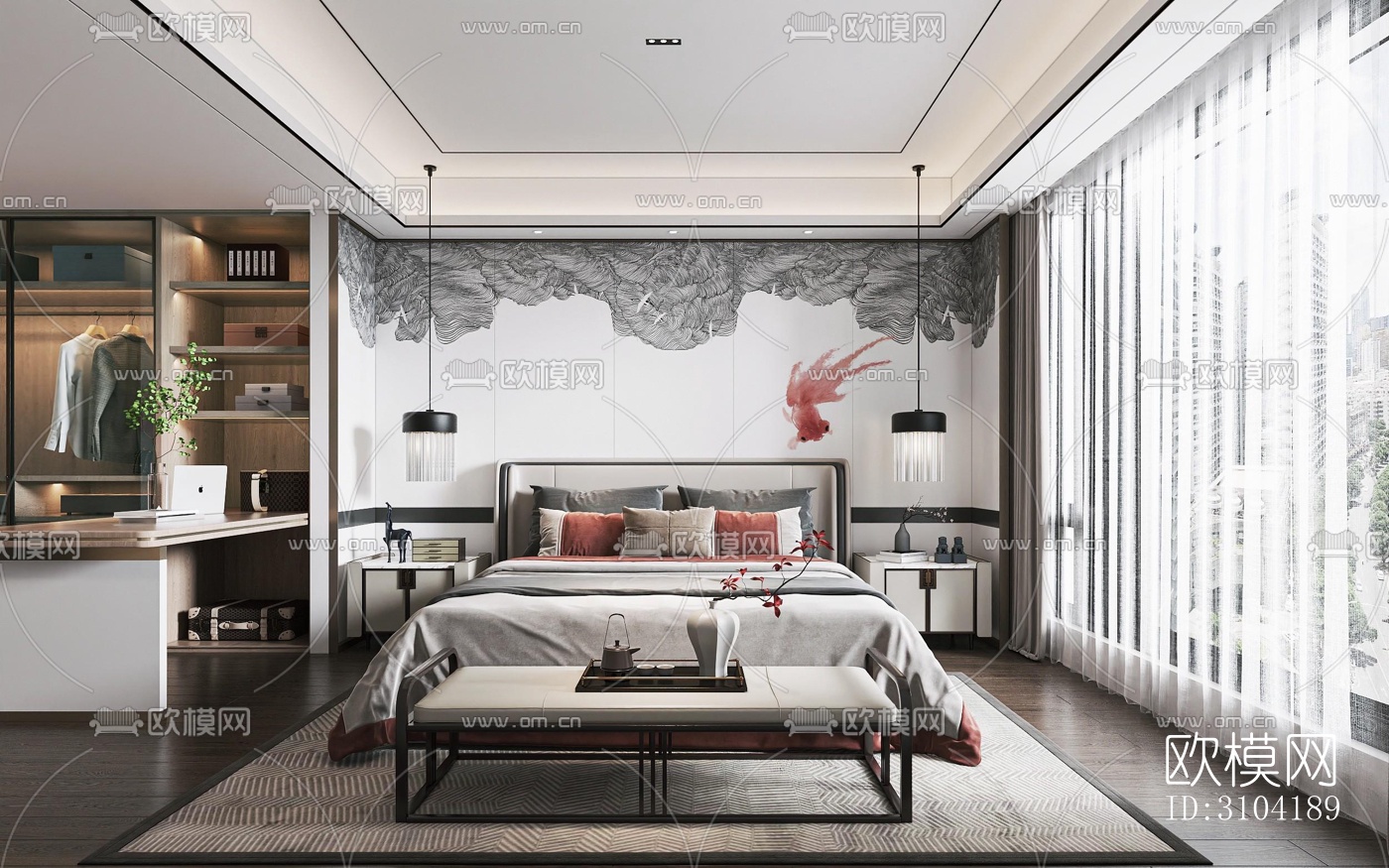 新中式卧室效果图下载（渲染图4）