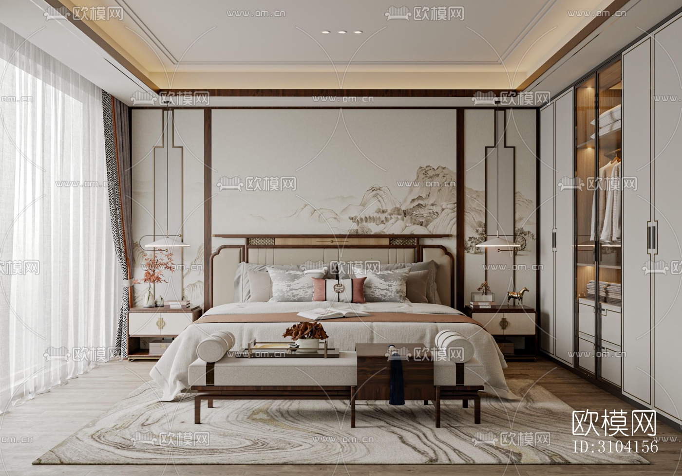 新中式卧室效果图下载（渲染图3）