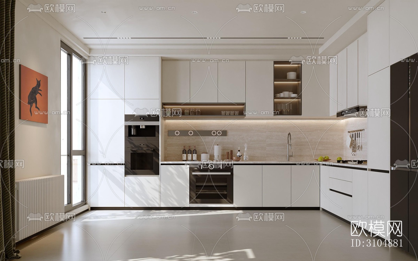 奶油风厨房效果图下载（渲染图3）