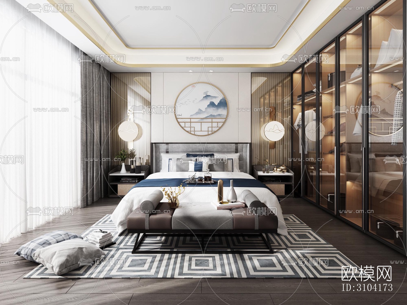 新中式卧室效果图下载（渲染图4）