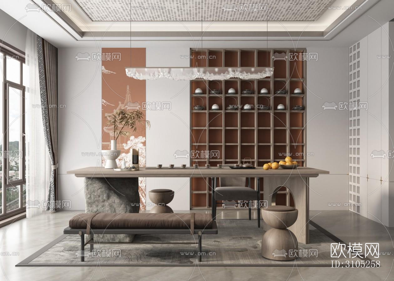 新中式茶室效果图下载（渲染图2）