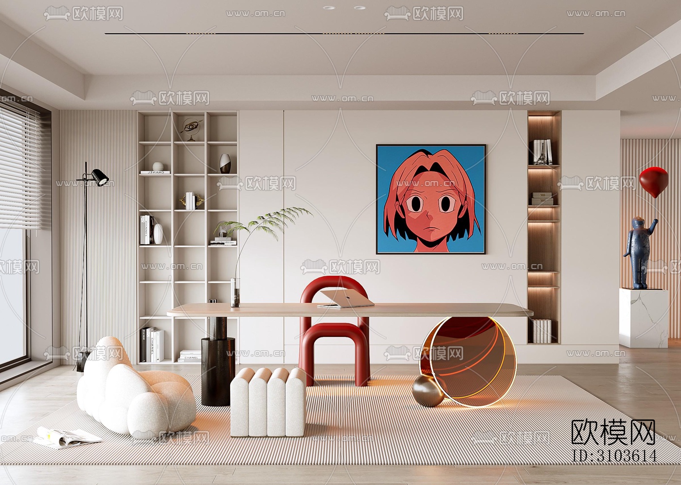 奶油风书房效果图下载（渲染图5）