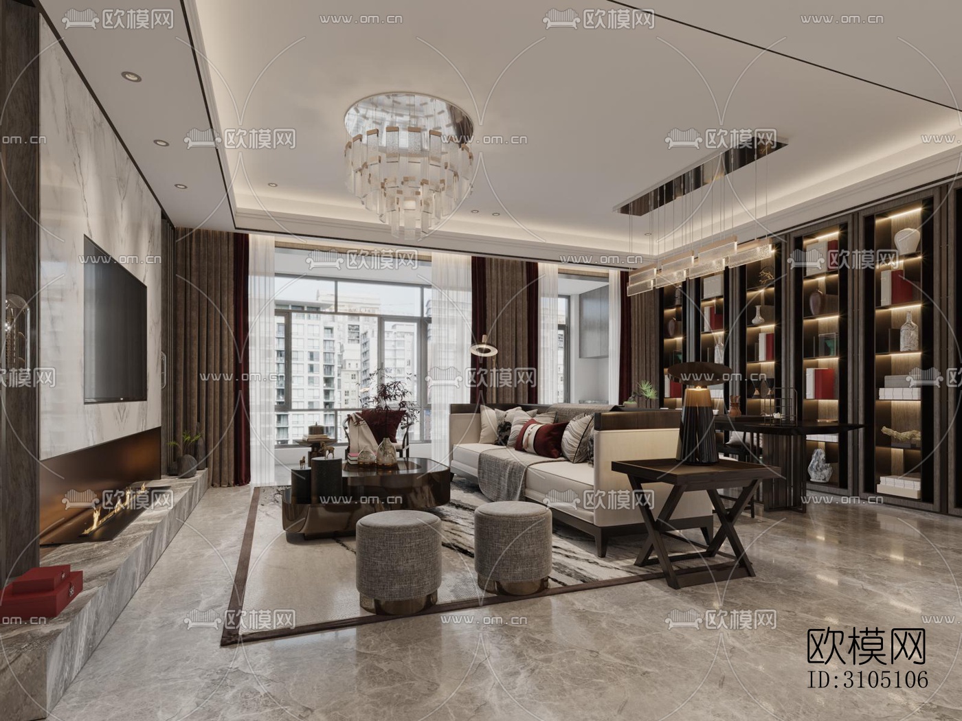 新中式平层效果图下载（渲染图11）