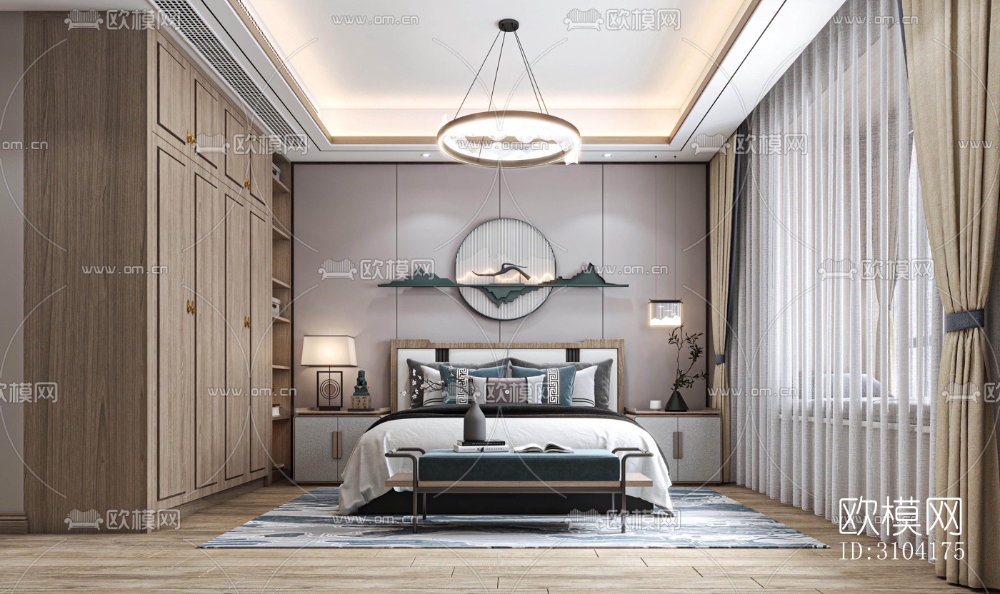 新中式卧室效果图下载（渲染图1）