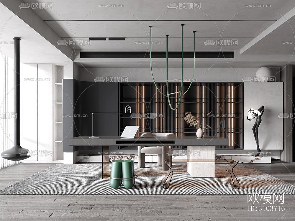 高级灰书房效果图下载（渲染图3）