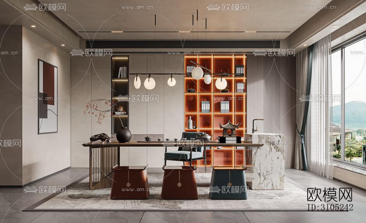 新中式茶室效果图下载（渲染图2）