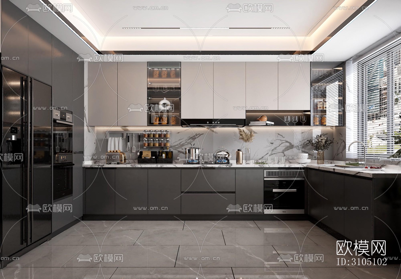 高级灰厨房效果图下载（渲染图2）