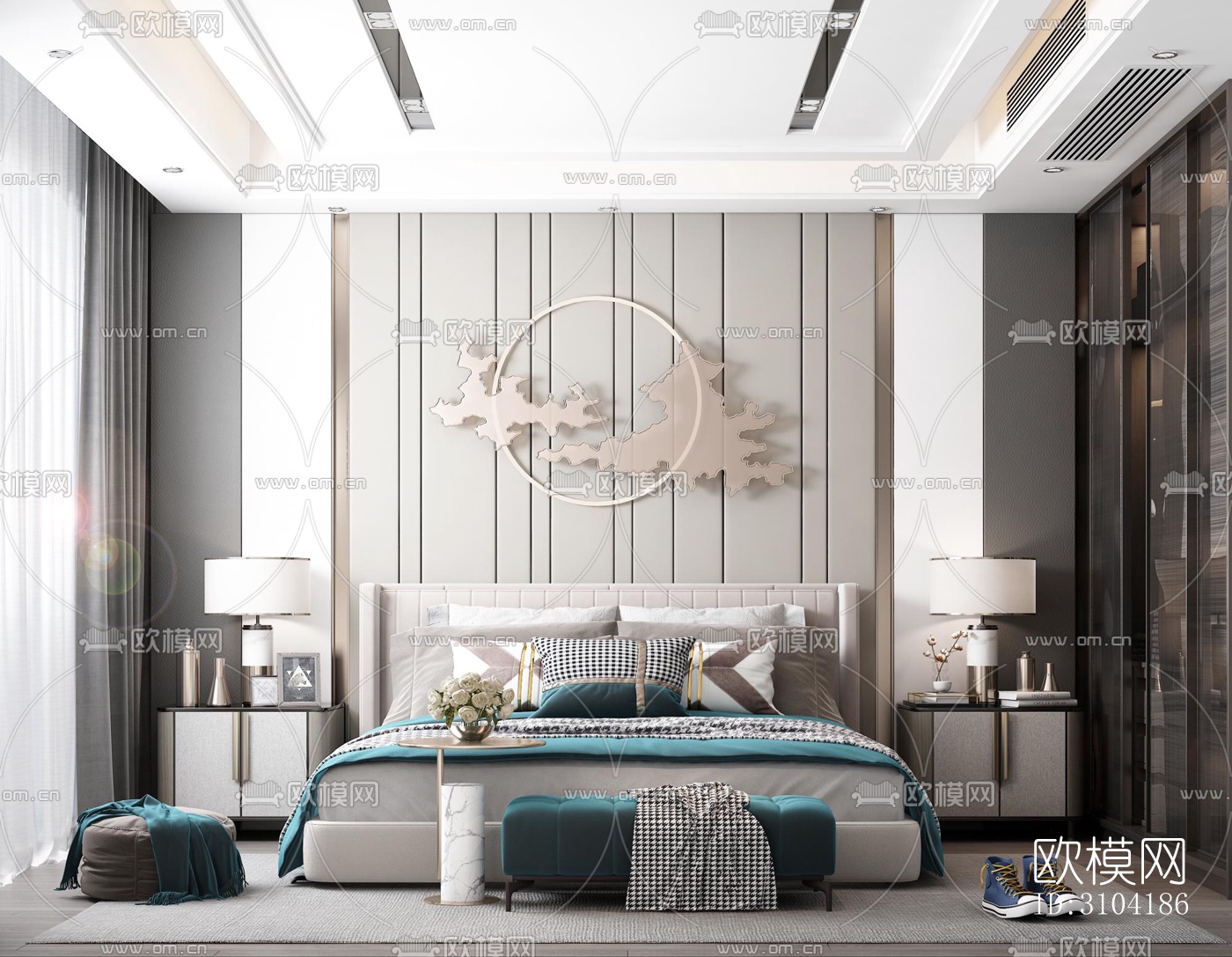 新中式卧室效果图下载（渲染图2）