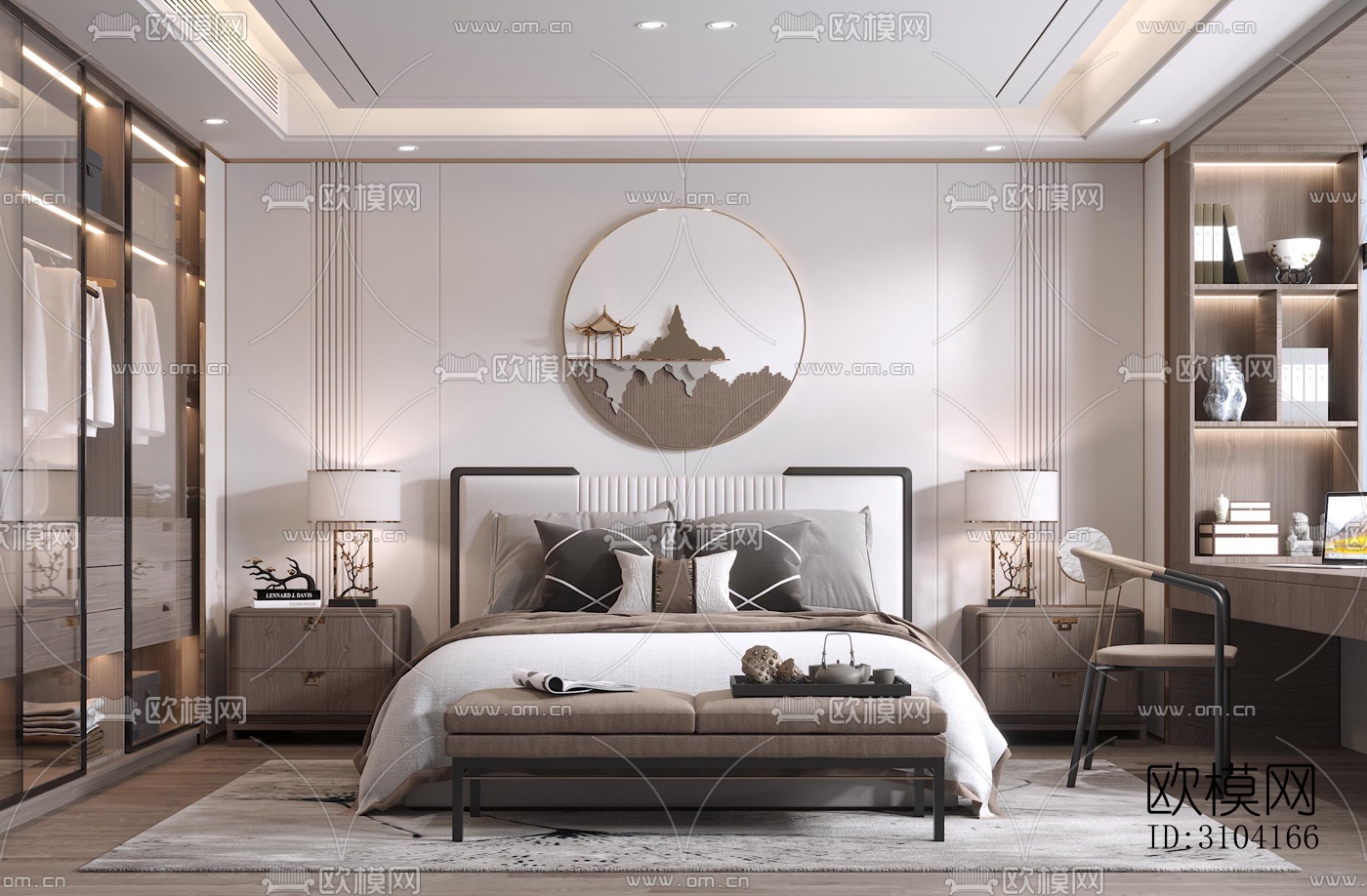 新中式卧室效果图下载（渲染图5）