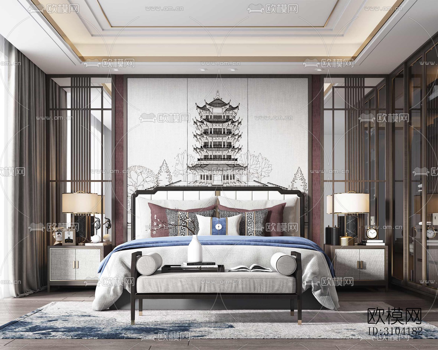 新中式卧室效果图下载（渲染图2）