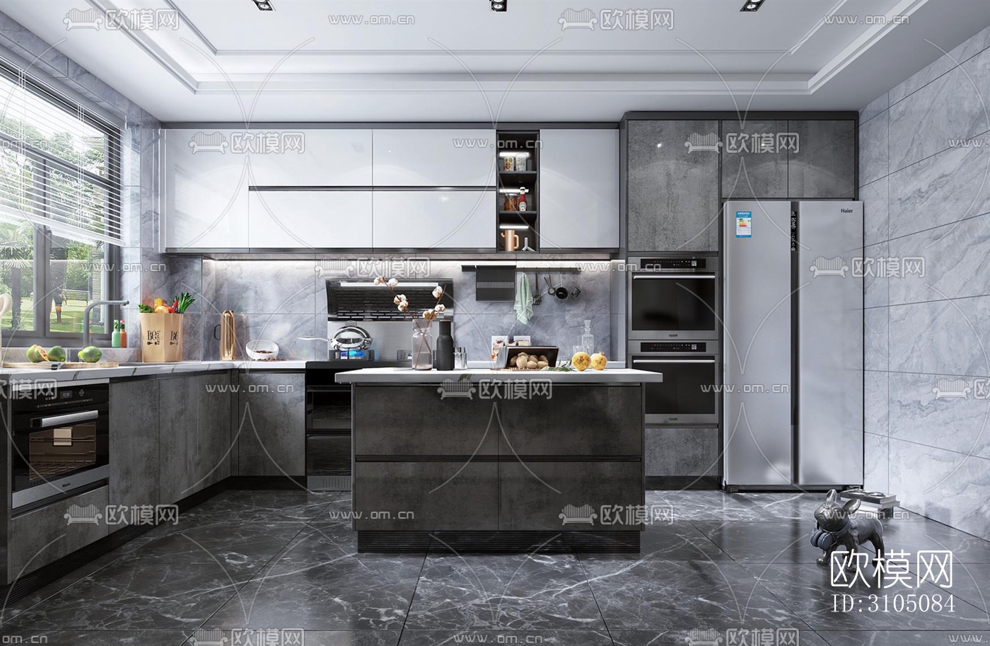 高级灰厨房效果图下载（渲染图2）