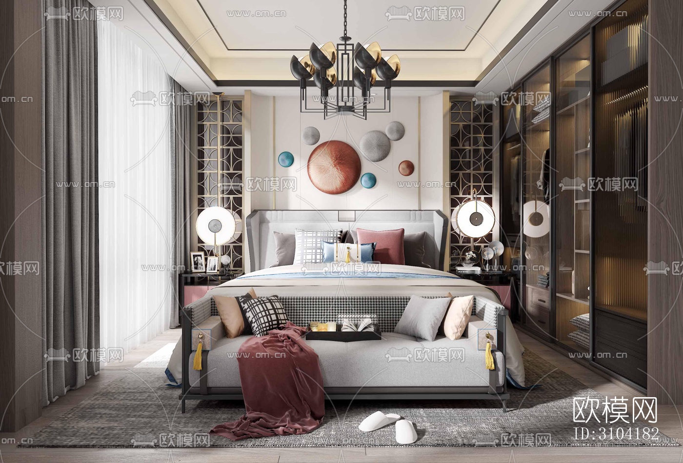 新中式卧室效果图下载（渲染图4）