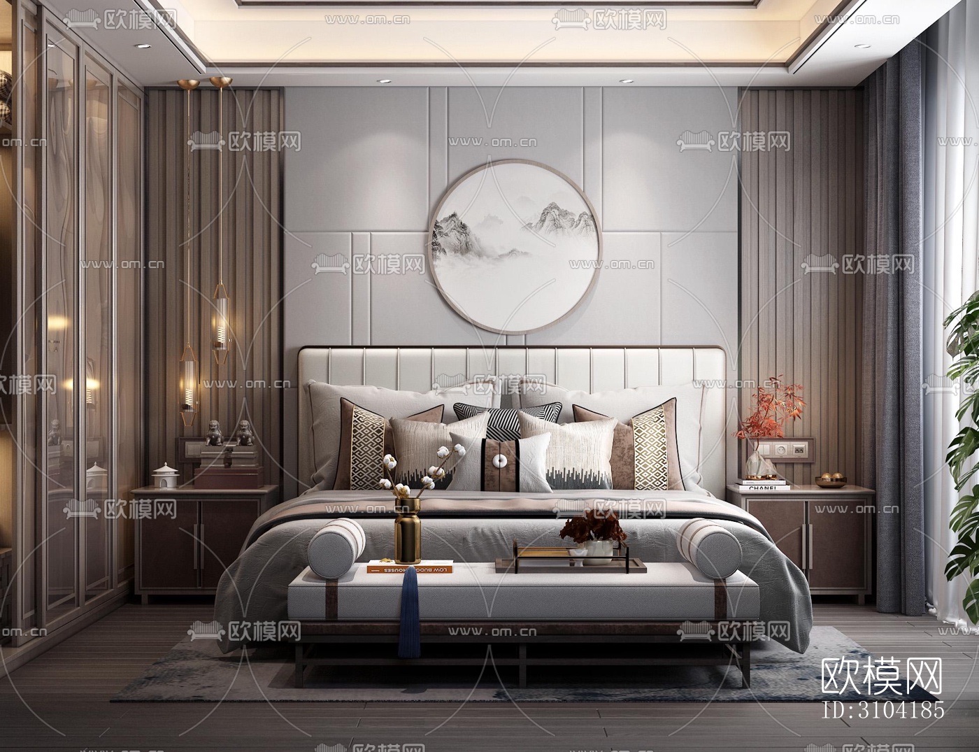 新中式卧室效果图下载（渲染图2）