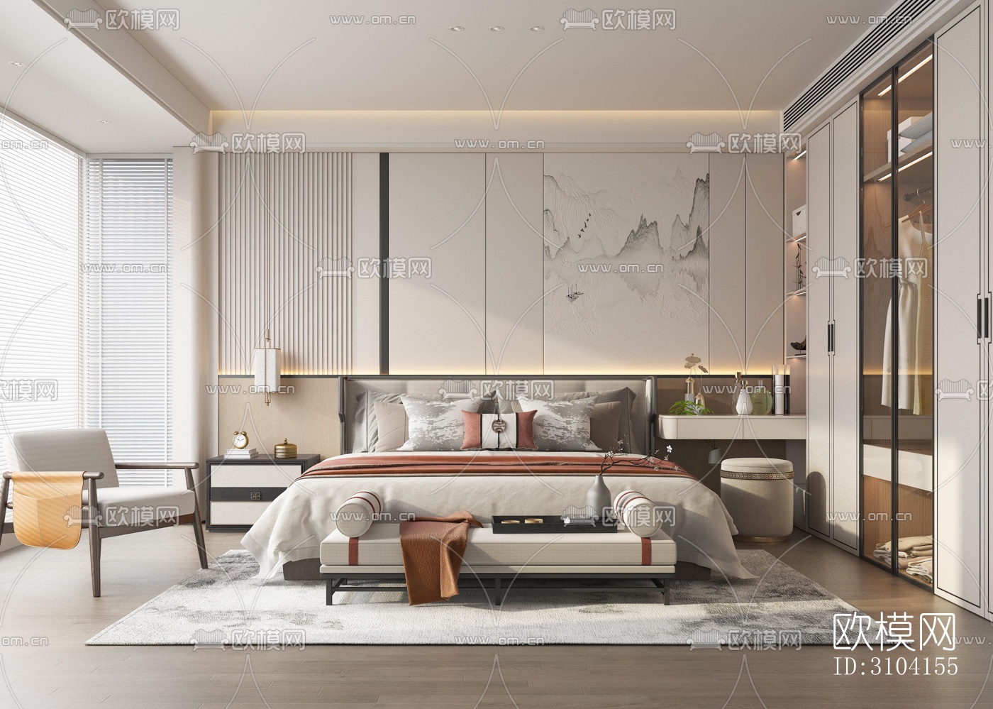 新中式卧室效果图下载（渲染图2）