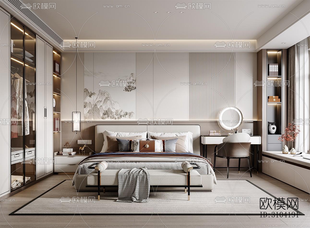 新中式卧室效果图下载（渲染图5）