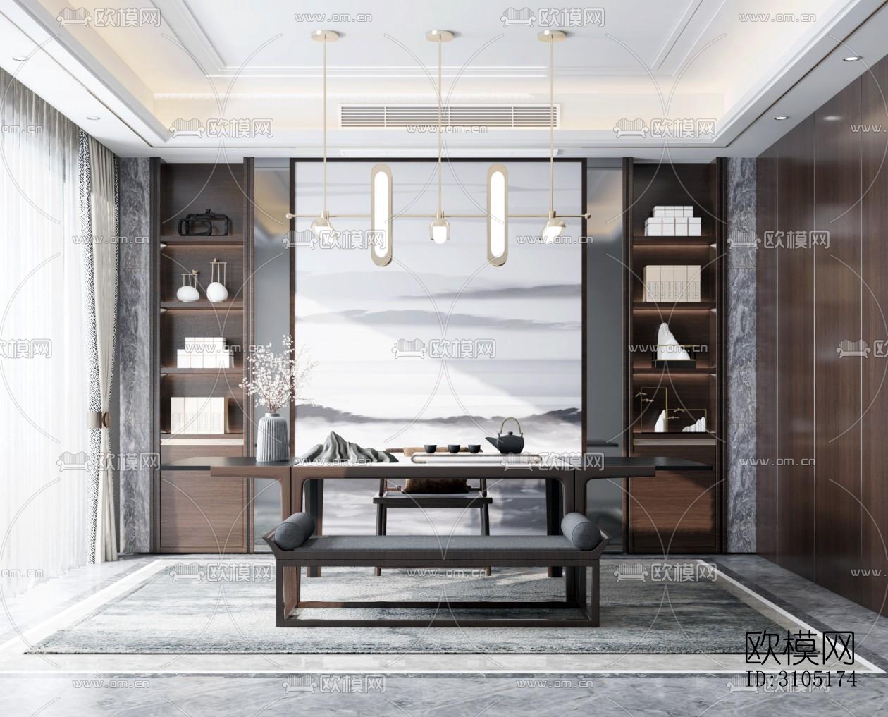 新中式茶室效果图下载（渲染图5）