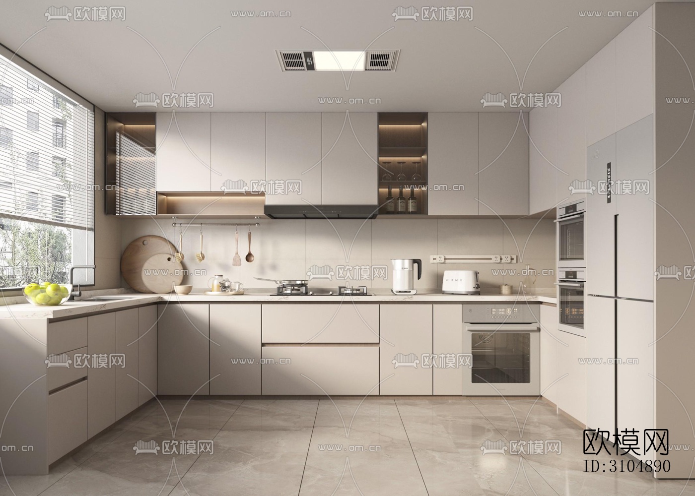 奶油风厨房效果图下载（渲染图3）
