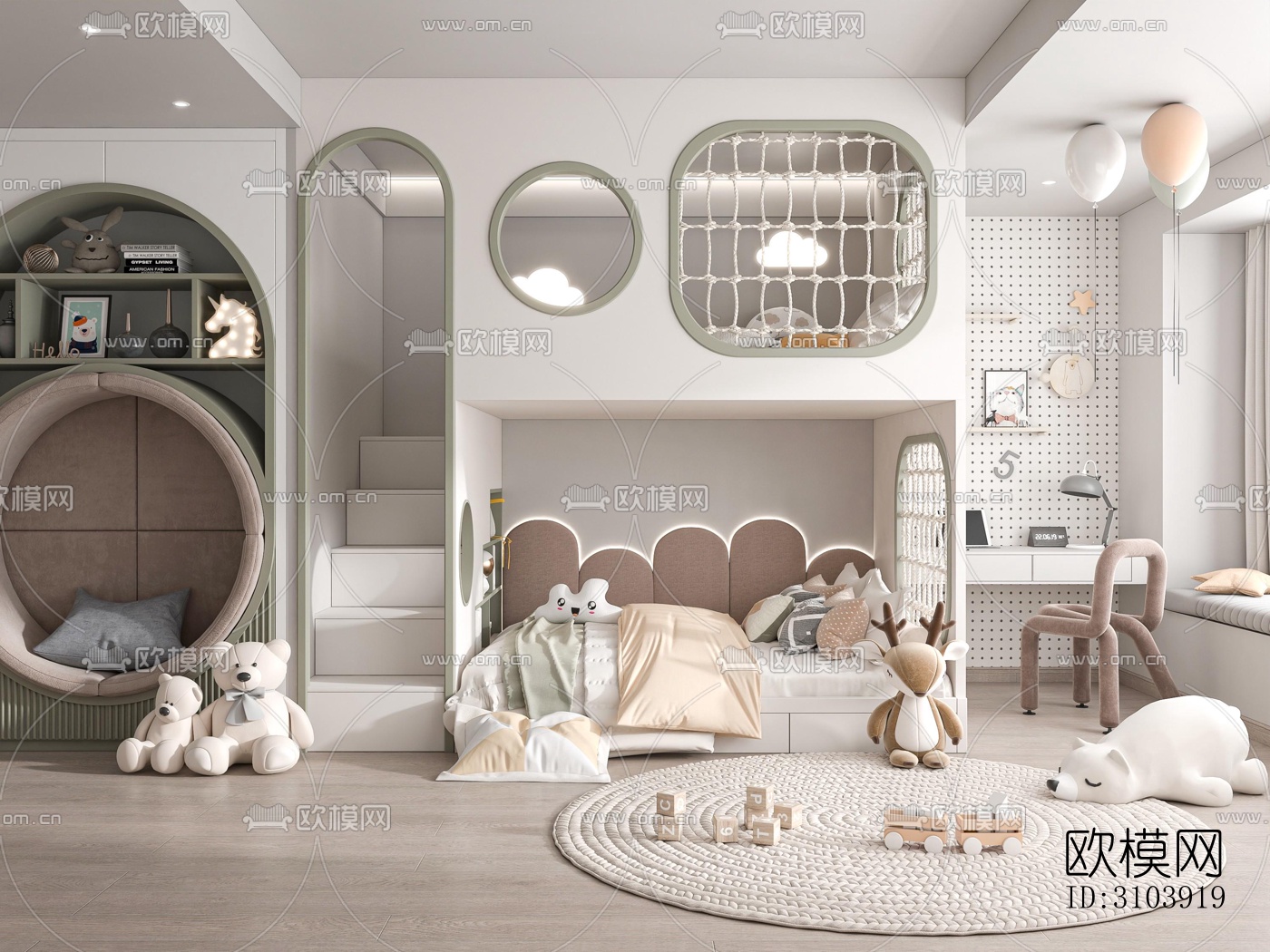 奶油风儿童房效果图下载（渲染图5）