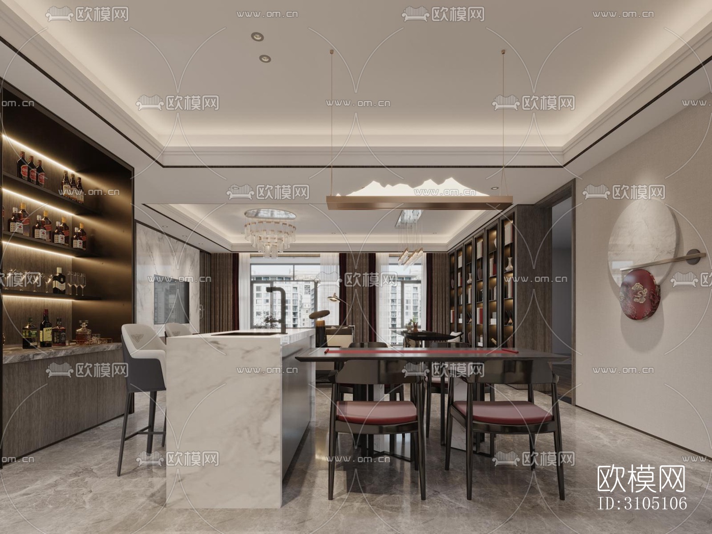 新中式平层效果图下载（渲染图1）