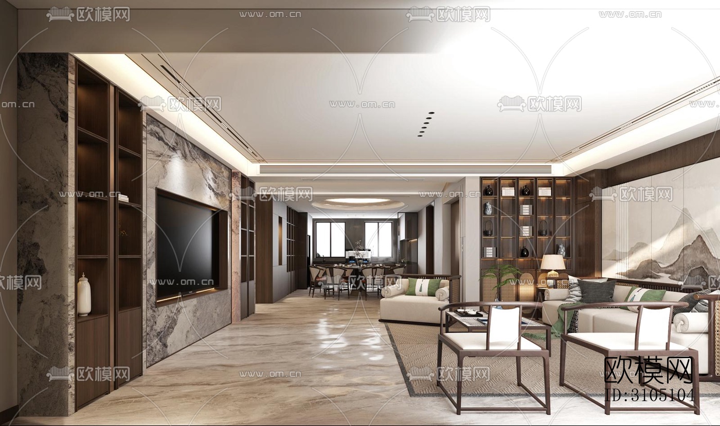 新中式平层效果图下载（渲染图5）