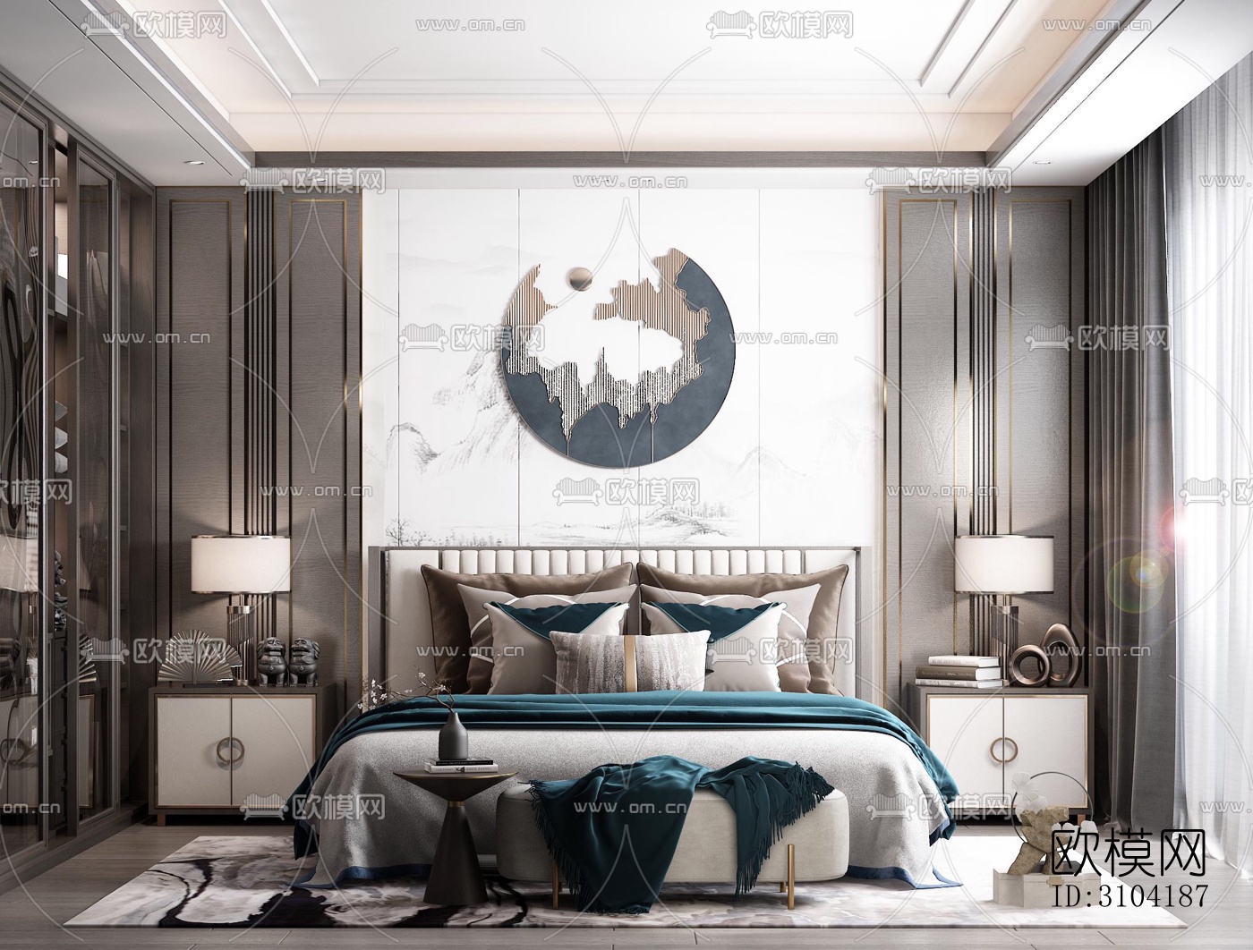 新中式卧室效果图下载（渲染图4）