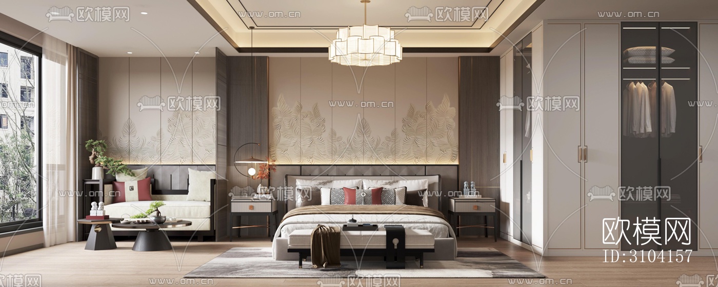 新中式卧室效果图下载（渲染图1）