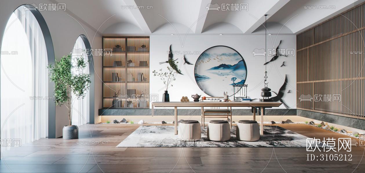 新中式茶室效果图下载（渲染图2）