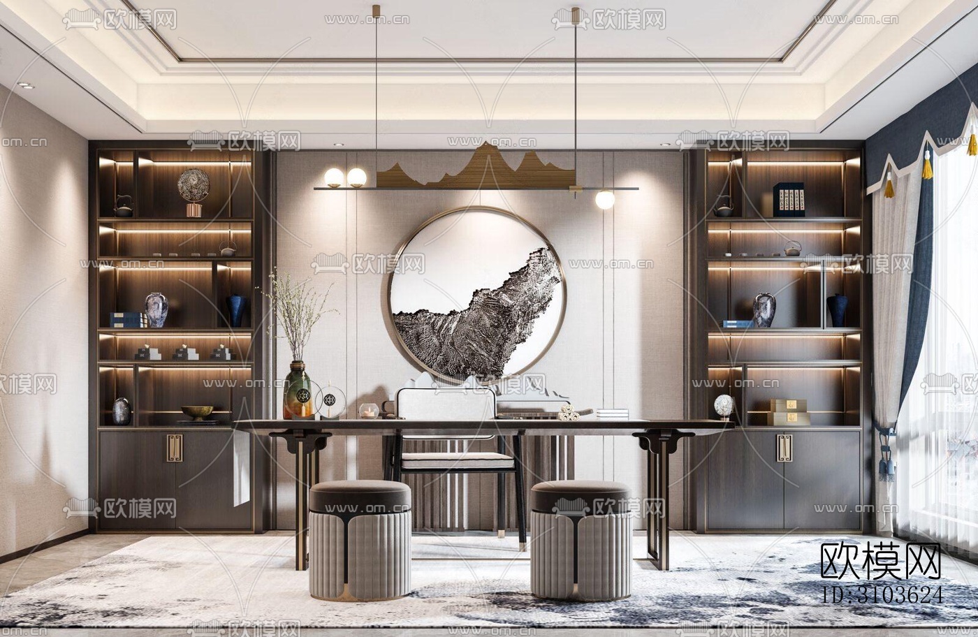 新中式书房效果图下载（渲染图2）