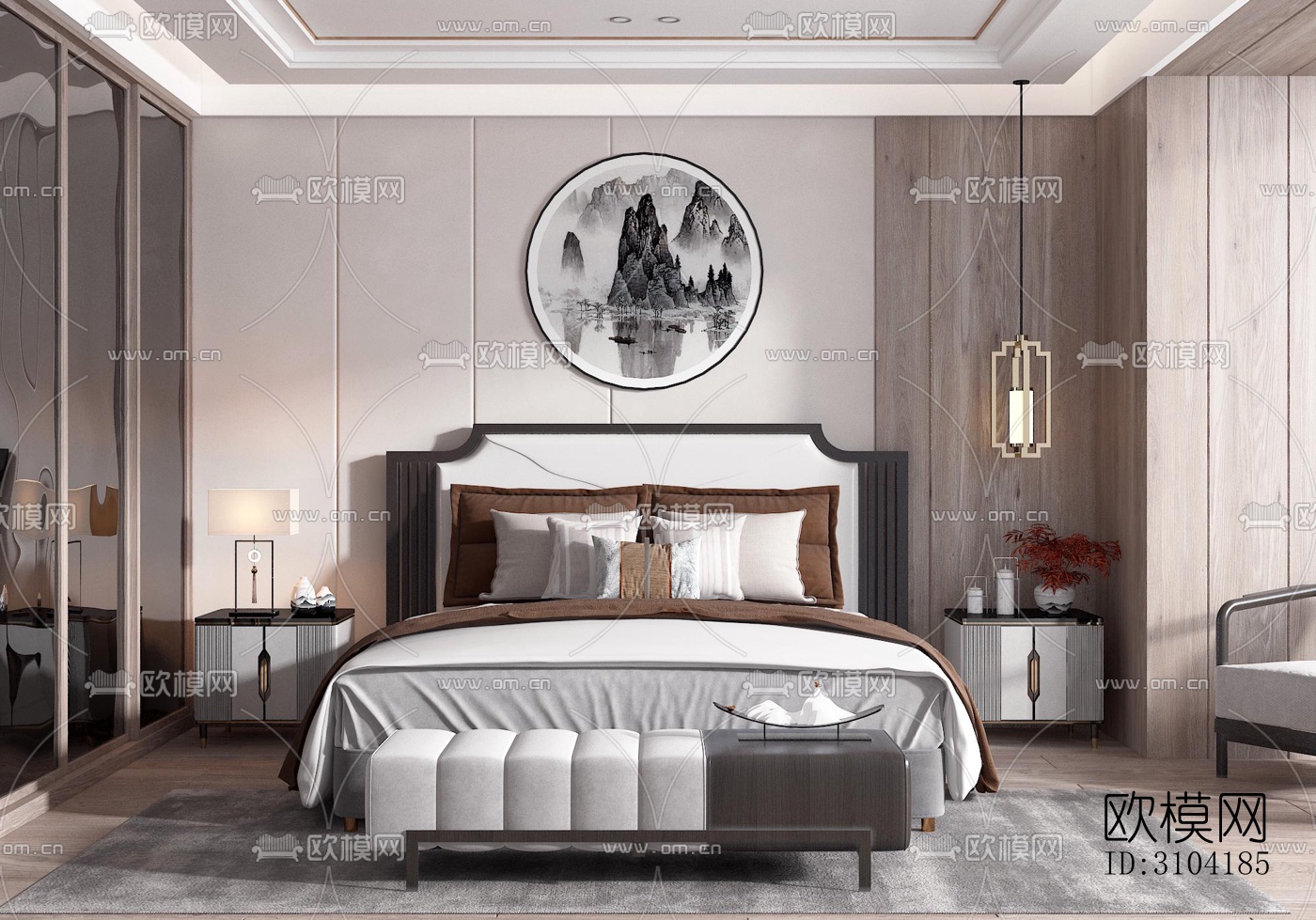 新中式卧室效果图下载（渲染图4）