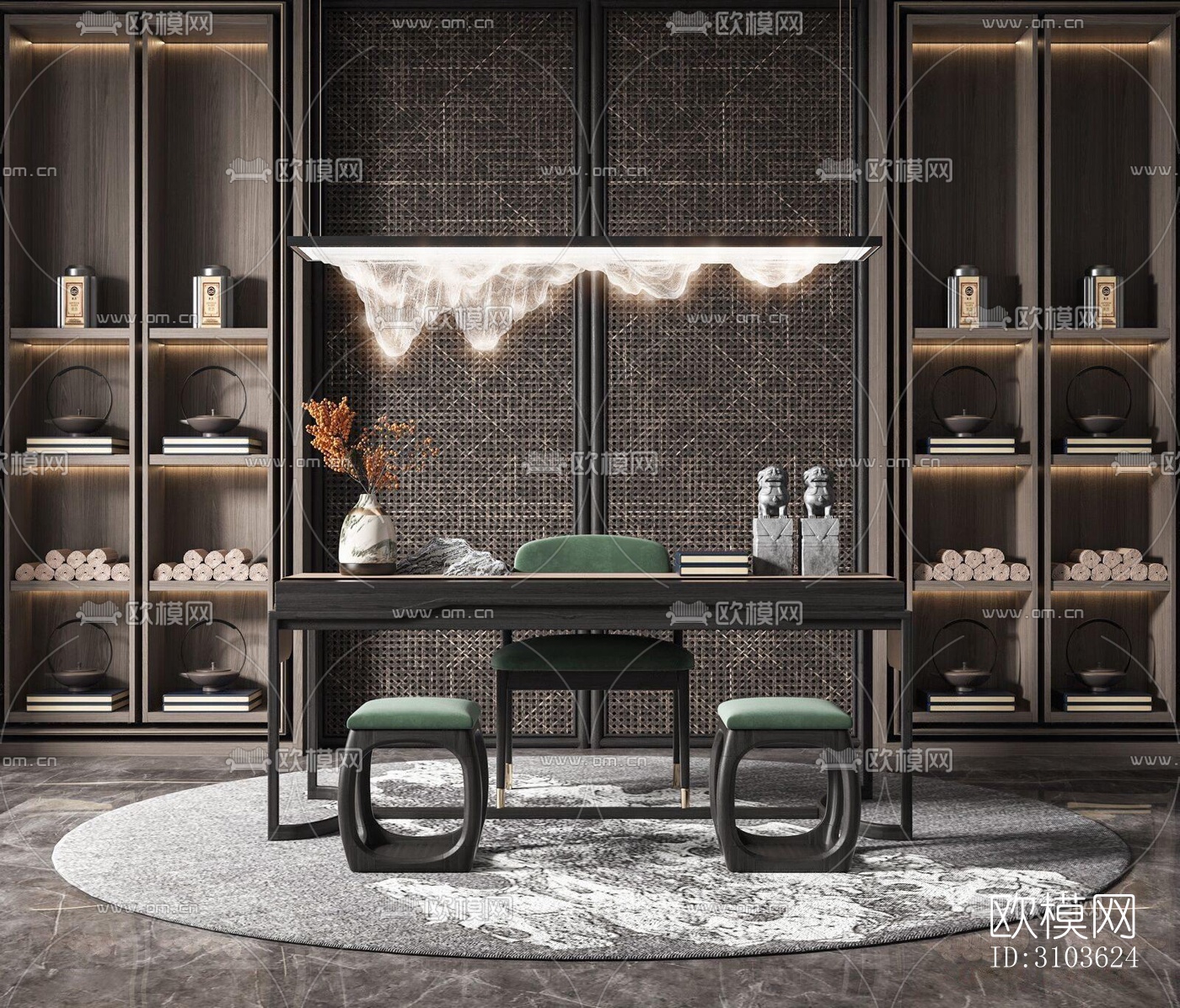 新中式书房效果图下载（渲染图1）