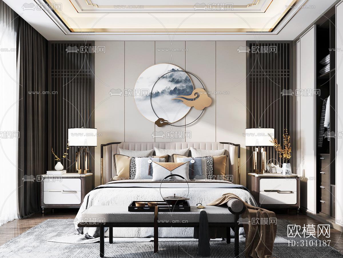 新中式卧室效果图下载（渲染图1）