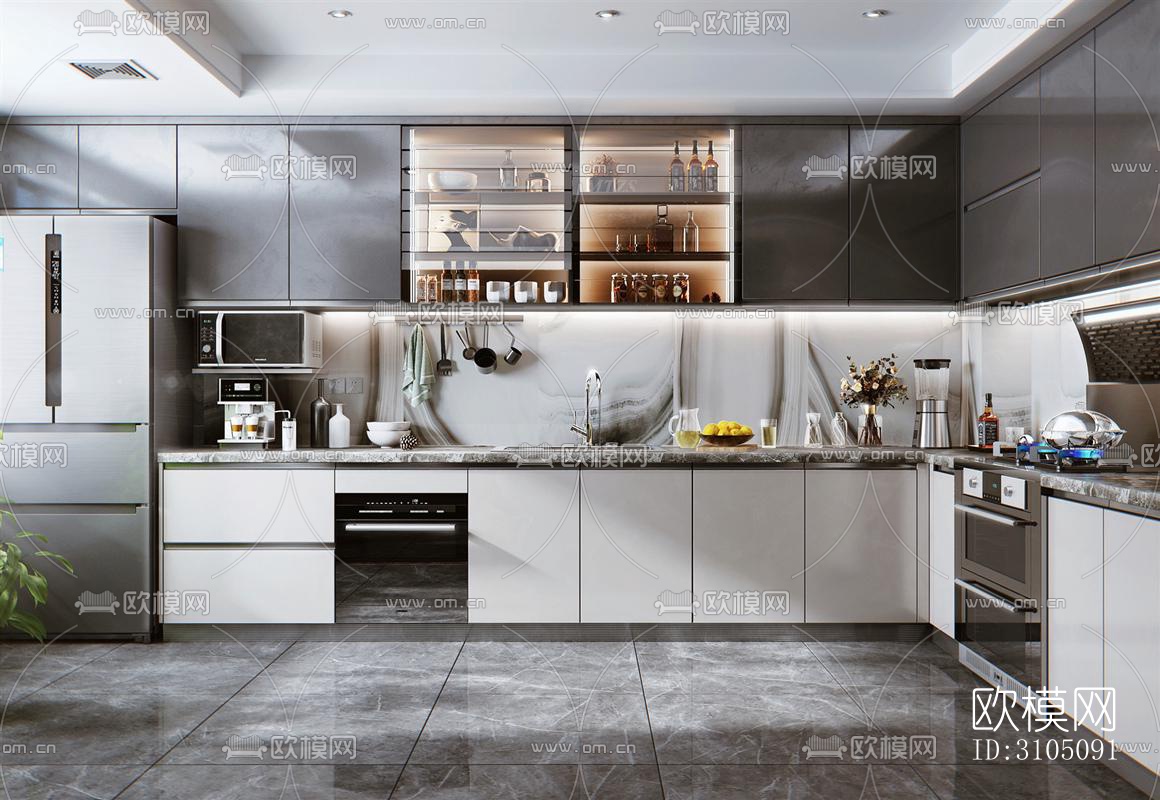高级灰厨房效果图下载（渲染图1）