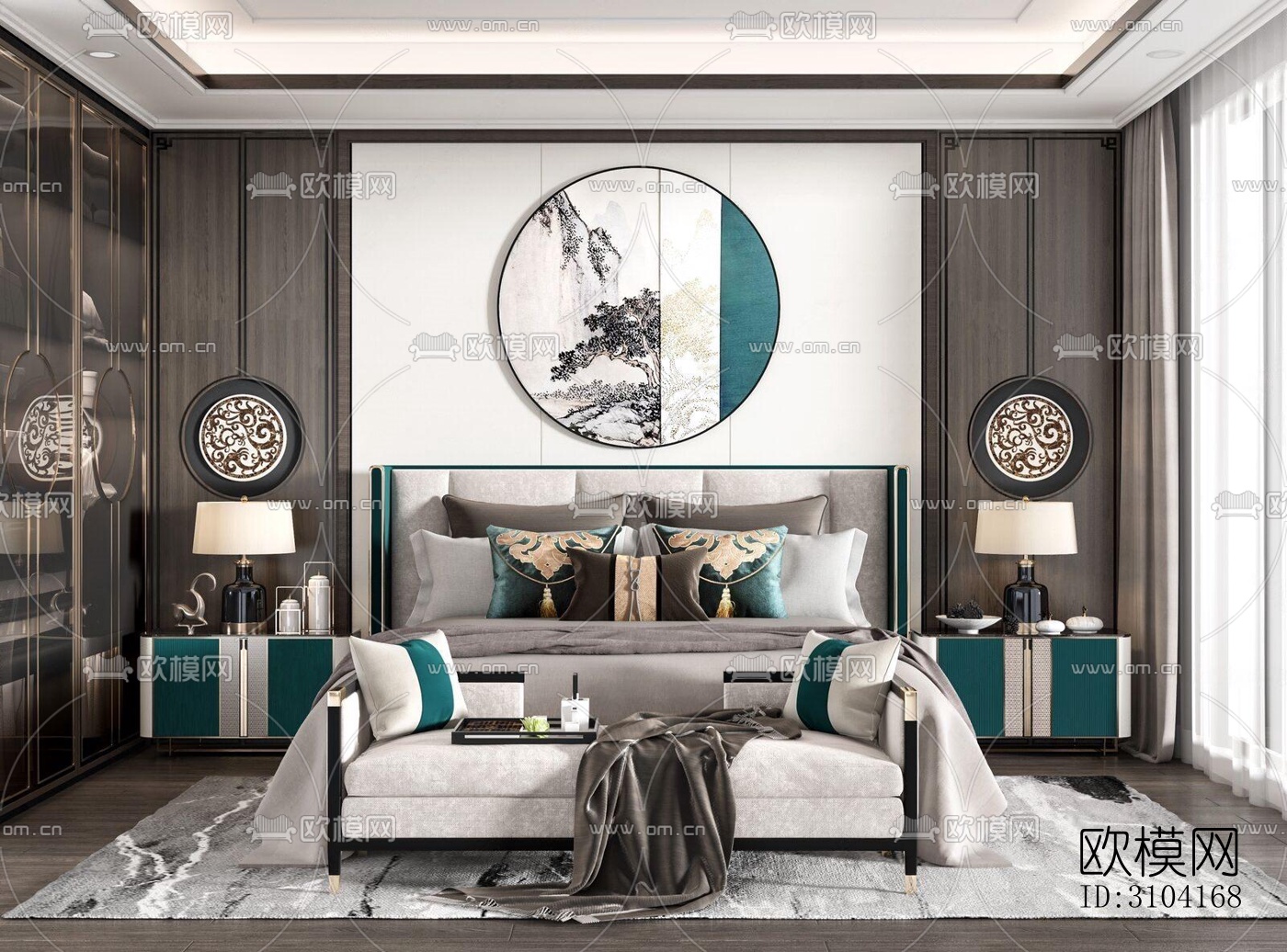 新中式卧室效果图下载（渲染图3）