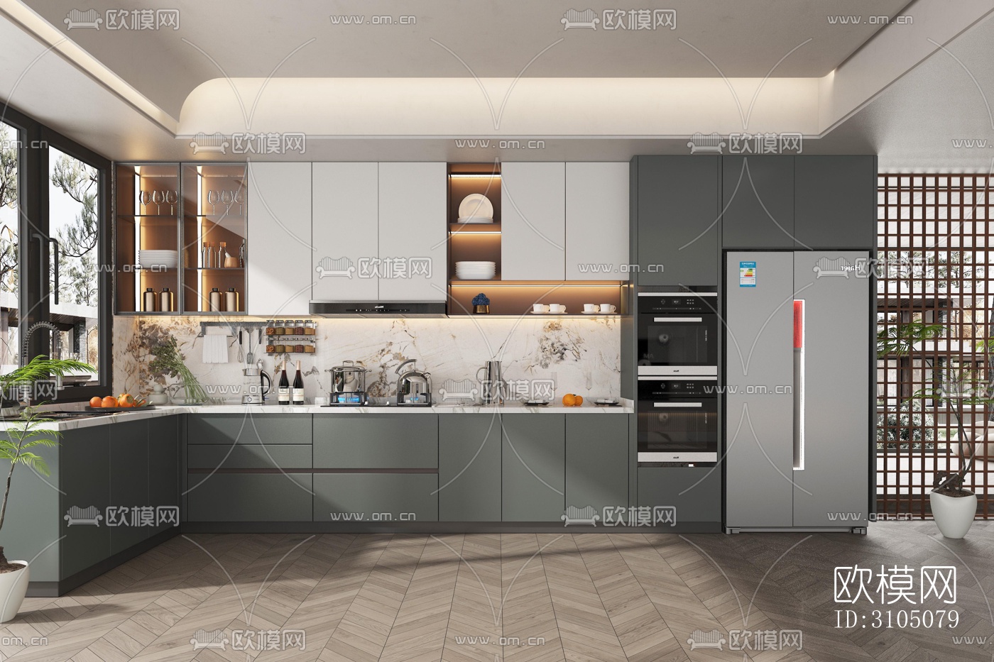 高级灰厨房效果图下载（渲染图1）