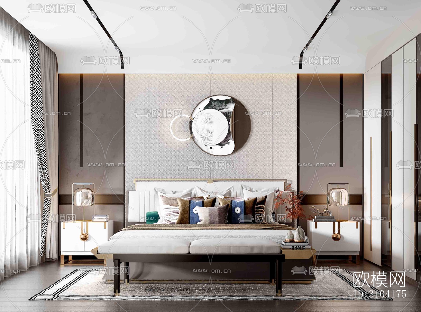 新中式卧室效果图下载（渲染图2）