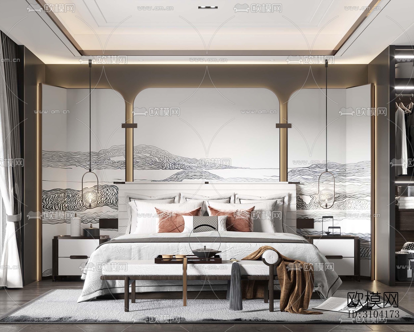 新中式卧室效果图下载（渲染图1）