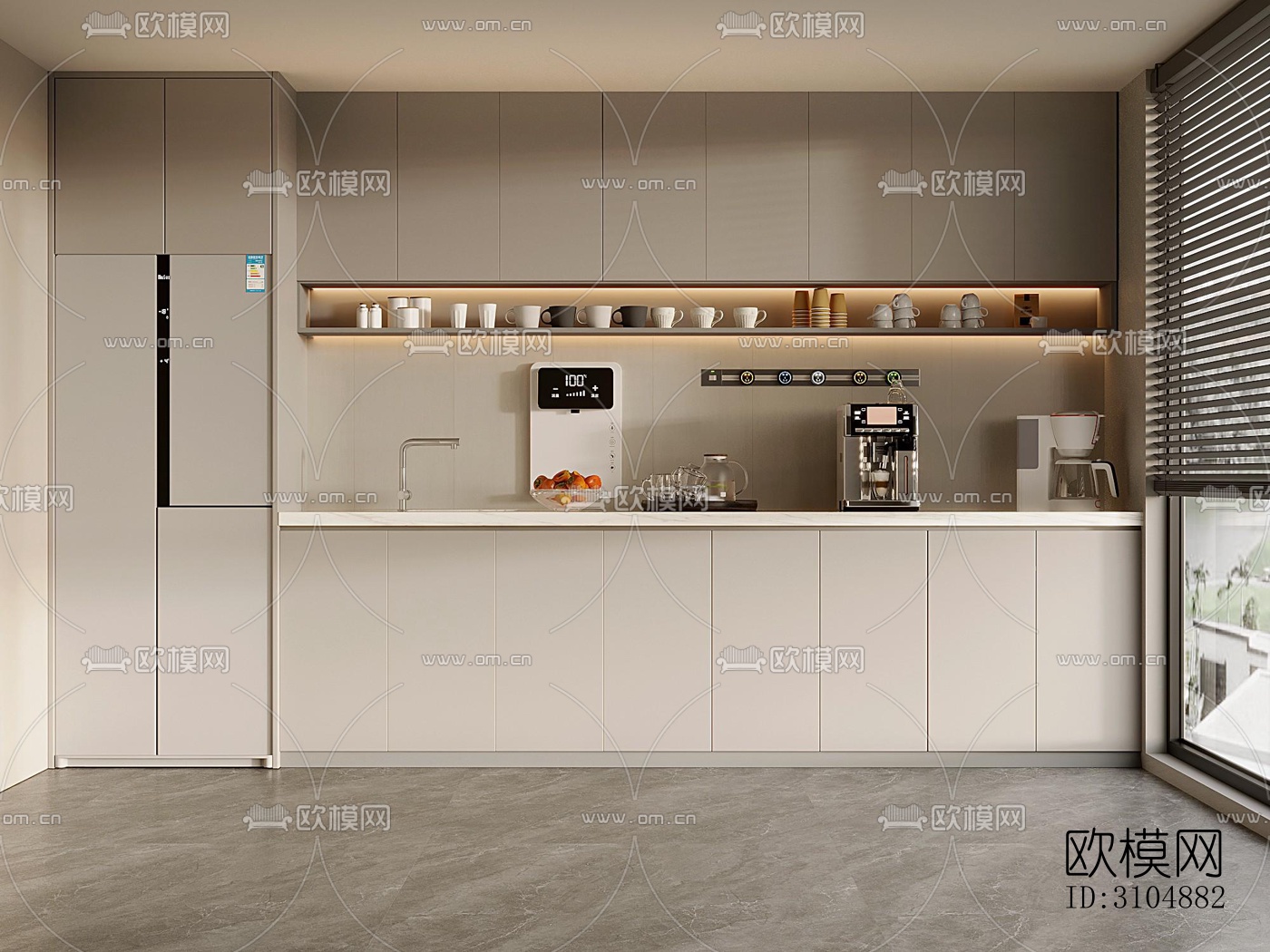 奶油风厨房效果图下载（渲染图1）