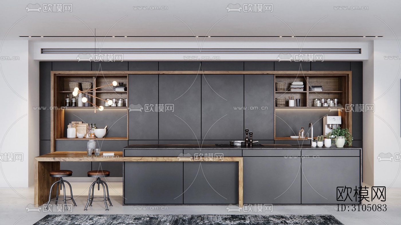 高级灰厨房效果图下载（渲染图1）