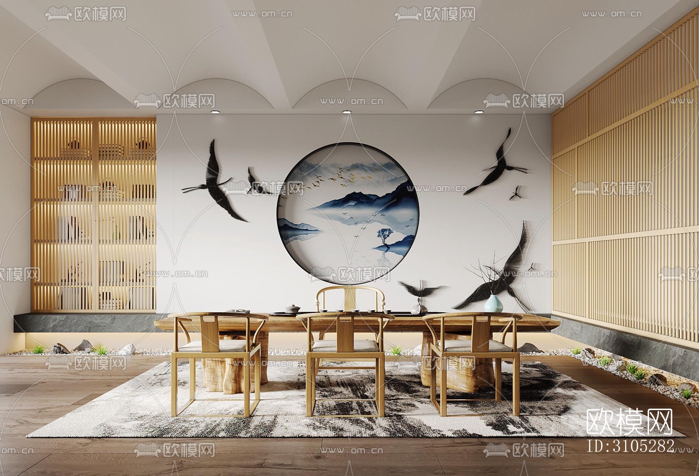 新中式茶室效果图下载（渲染图1）