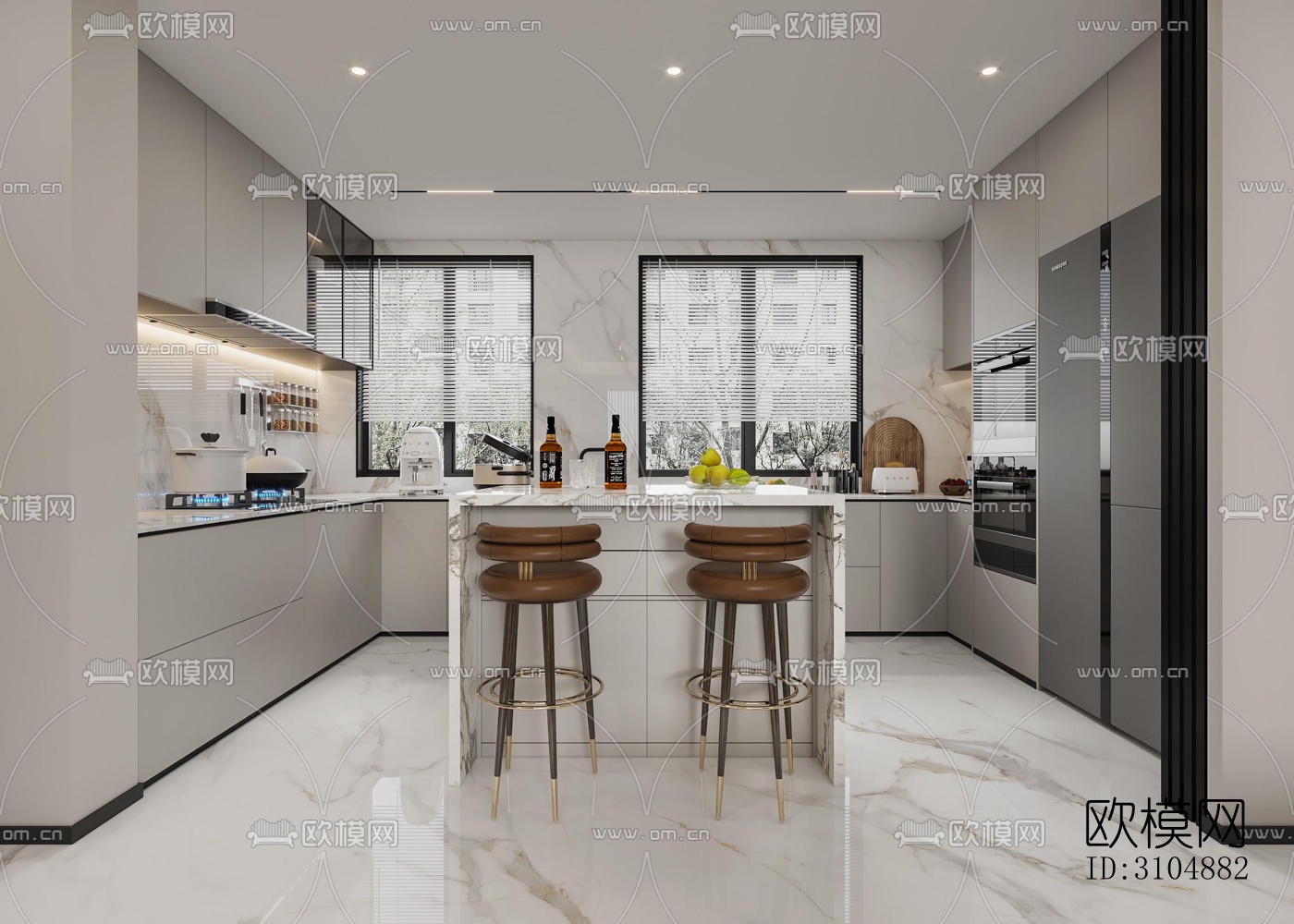 奶油风厨房效果图下载（渲染图5）