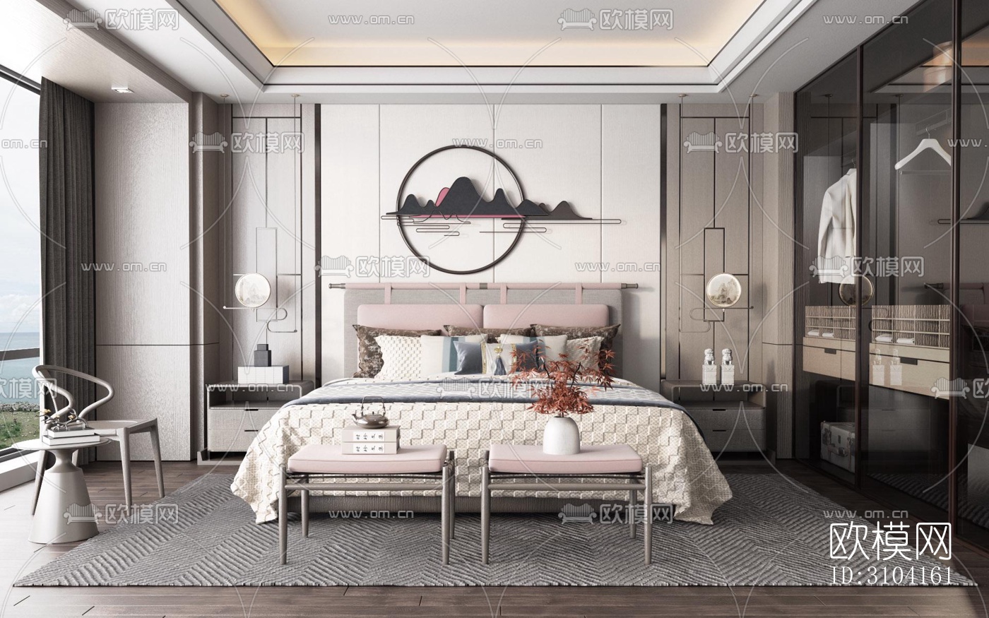 新中式卧室效果图下载（渲染图4）