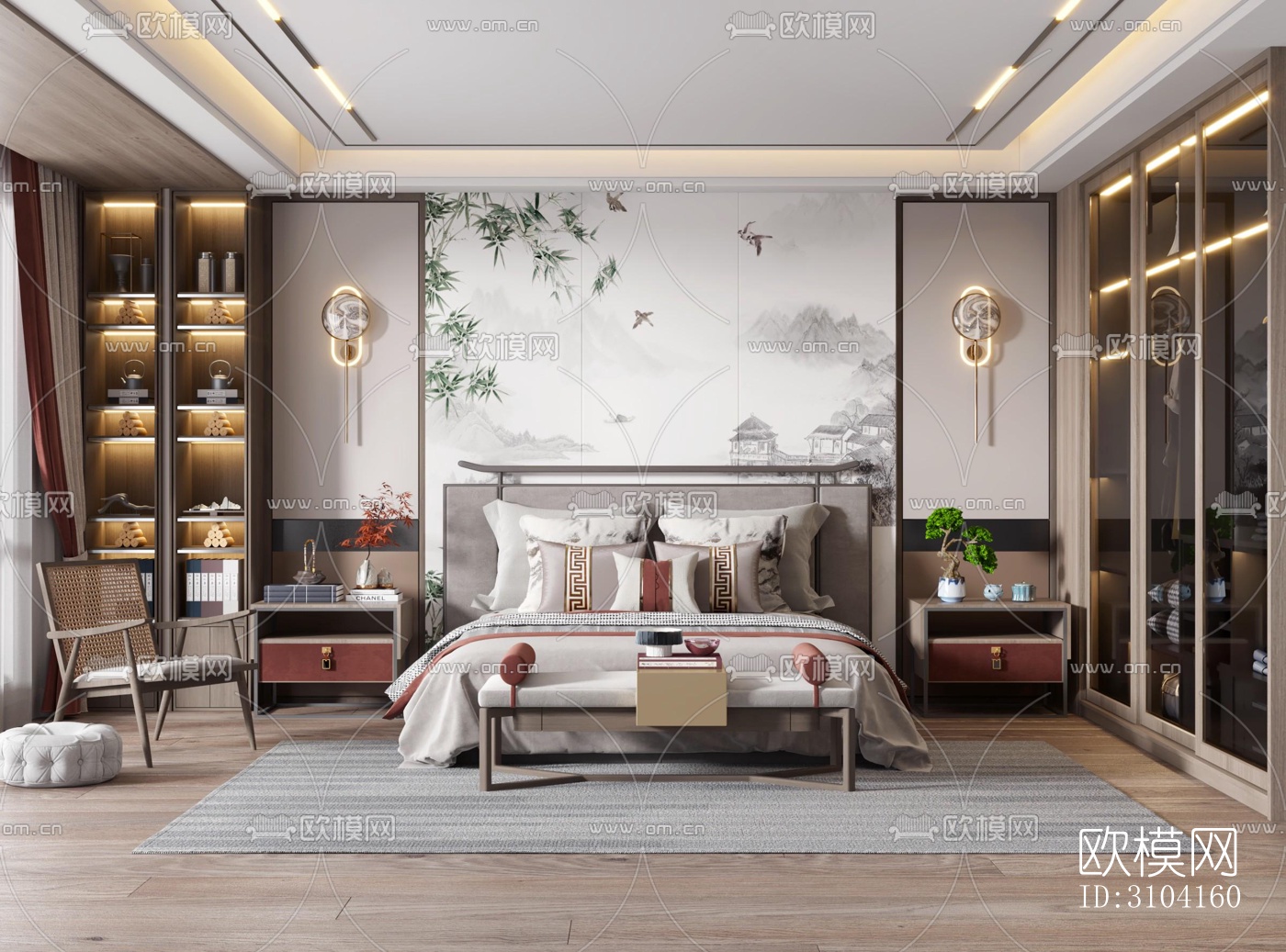 新中式卧室效果图下载（渲染图3）