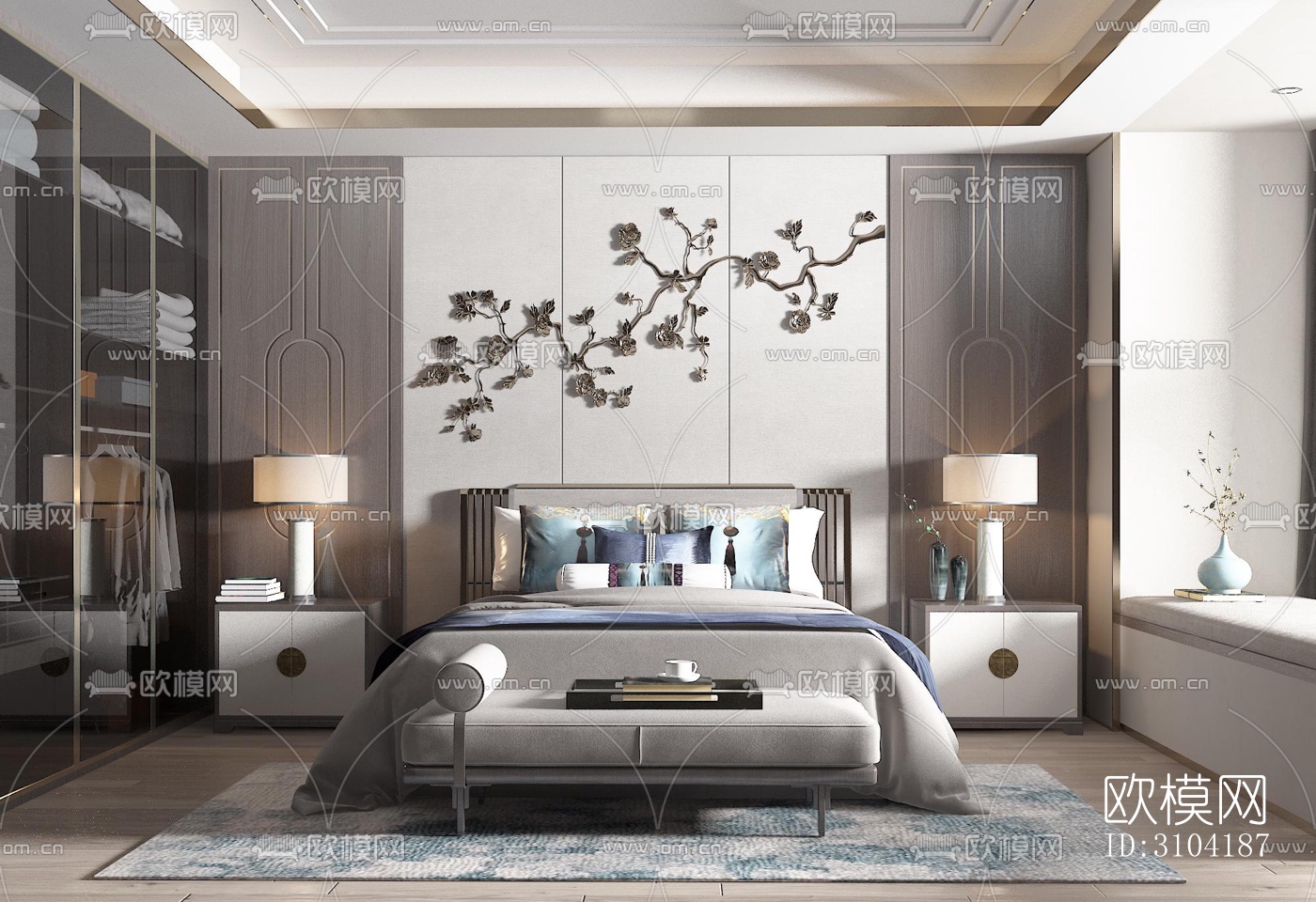 新中式卧室效果图下载（渲染图5）