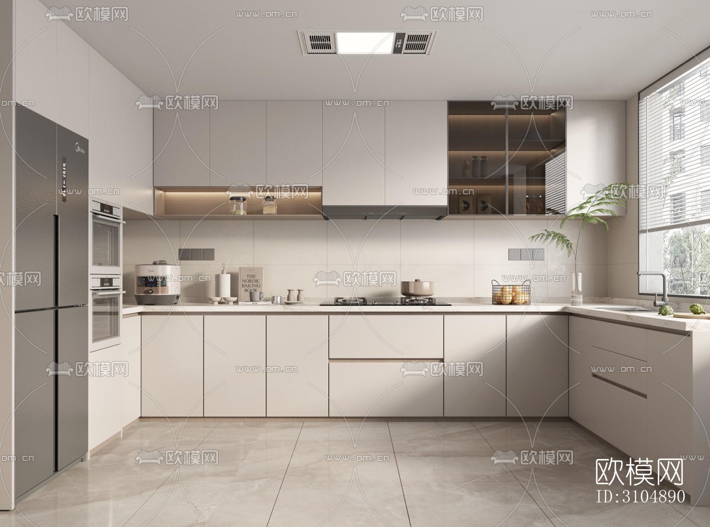 奶油风厨房效果图下载（渲染图1）