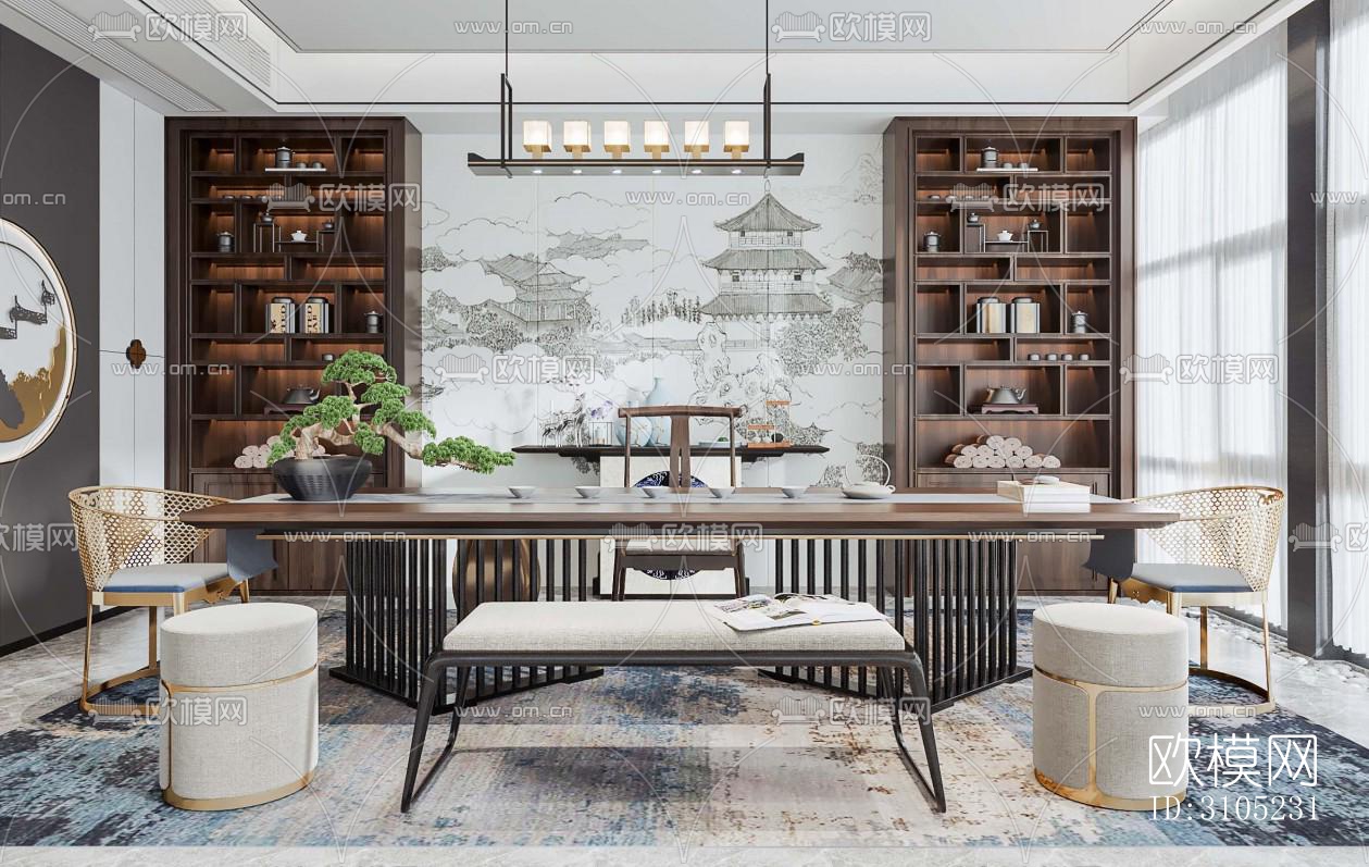 新中式茶室效果图下载（渲染图3）