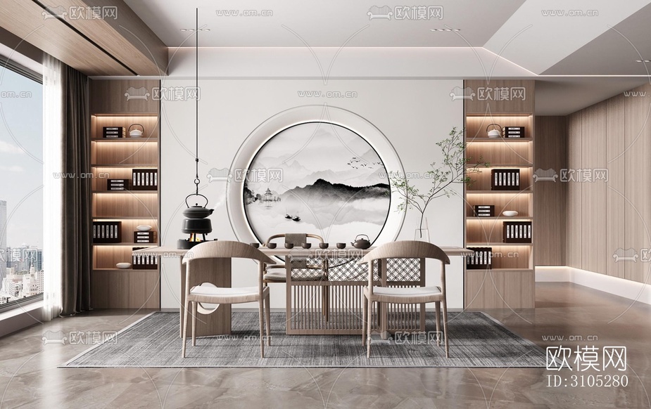 新中式茶室效果图下载(渲染图1)