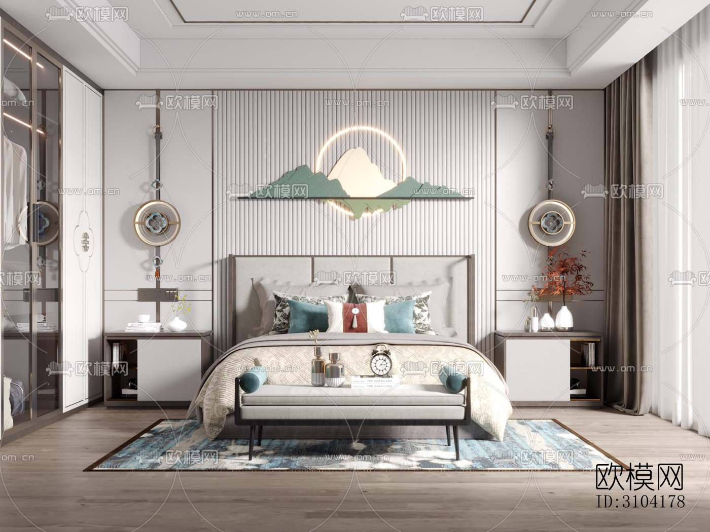 新中式卧室效果图下载（渲染图1）