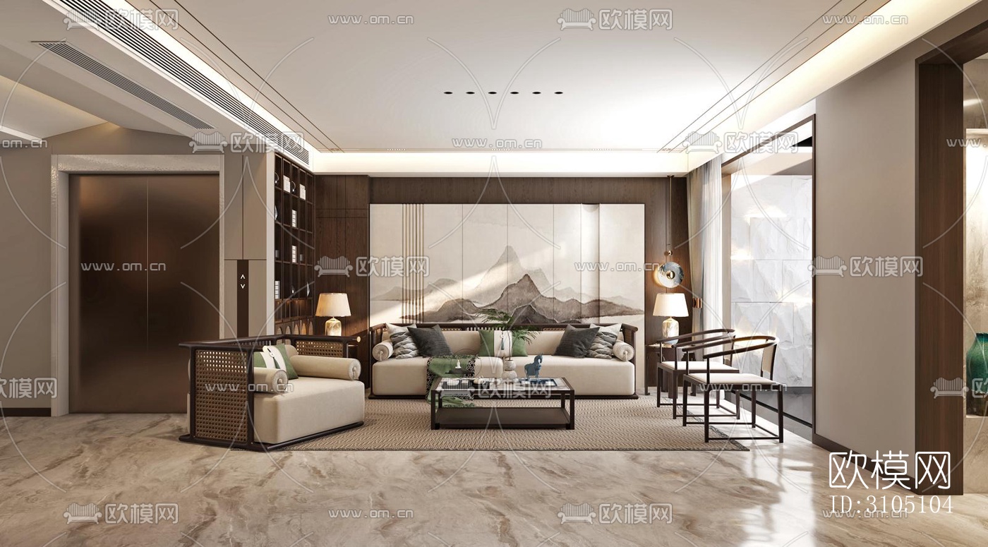 新中式平层效果图下载（渲染图6）