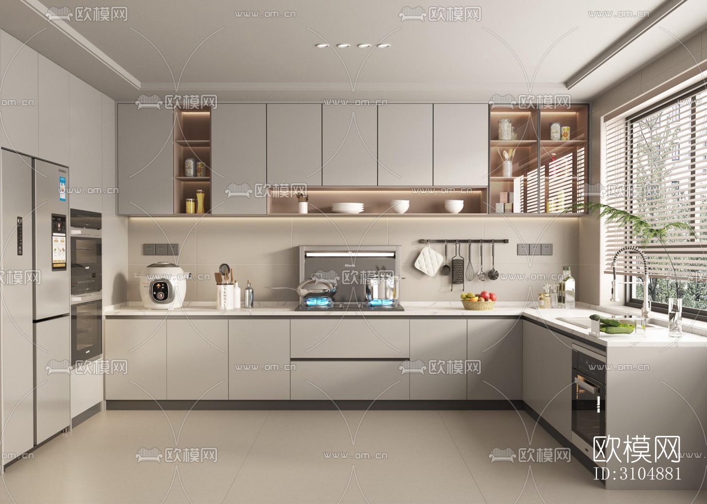 奶油风厨房效果图下载（渲染图5）