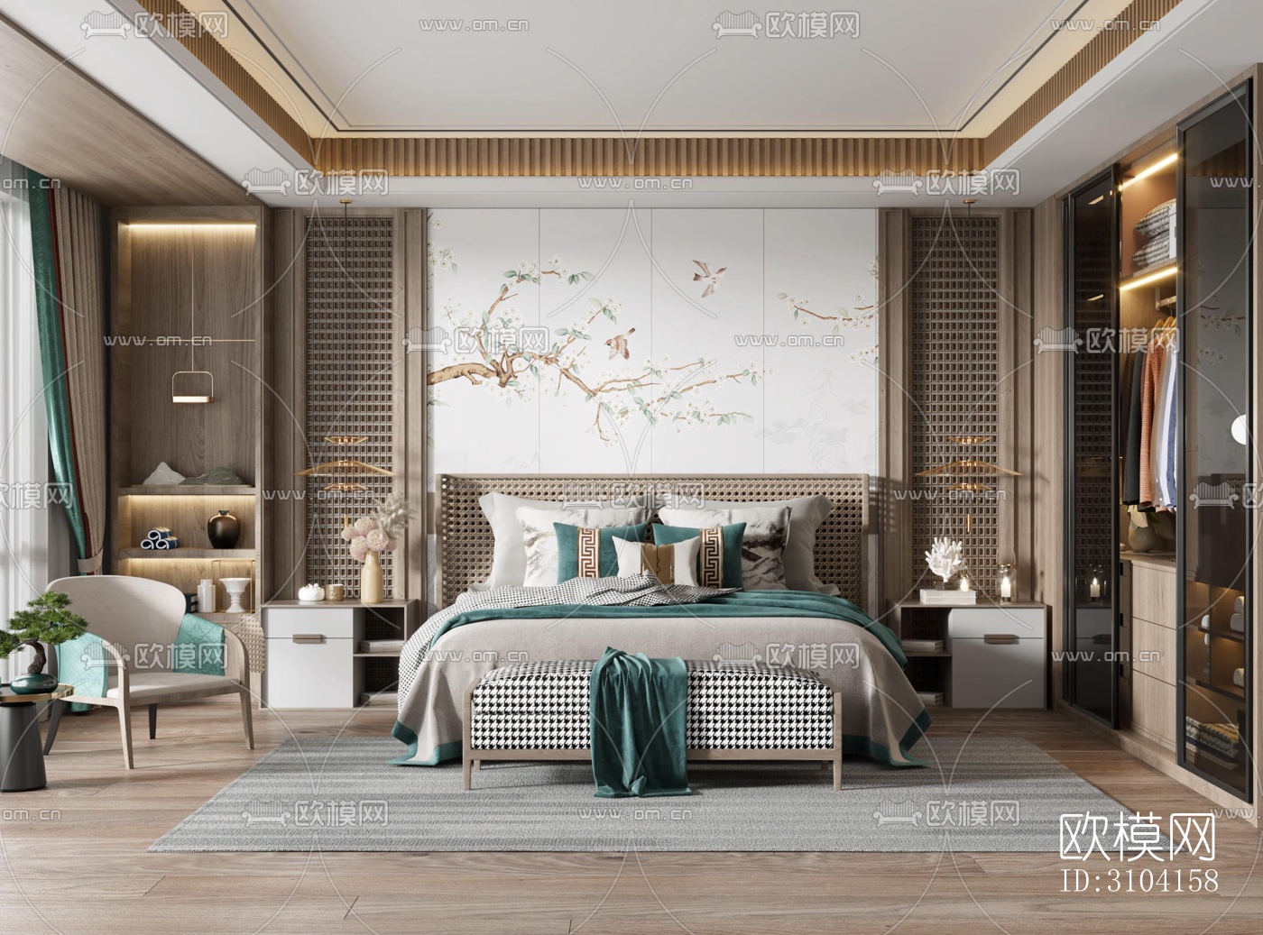 新中式卧室效果图下载（渲染图1）